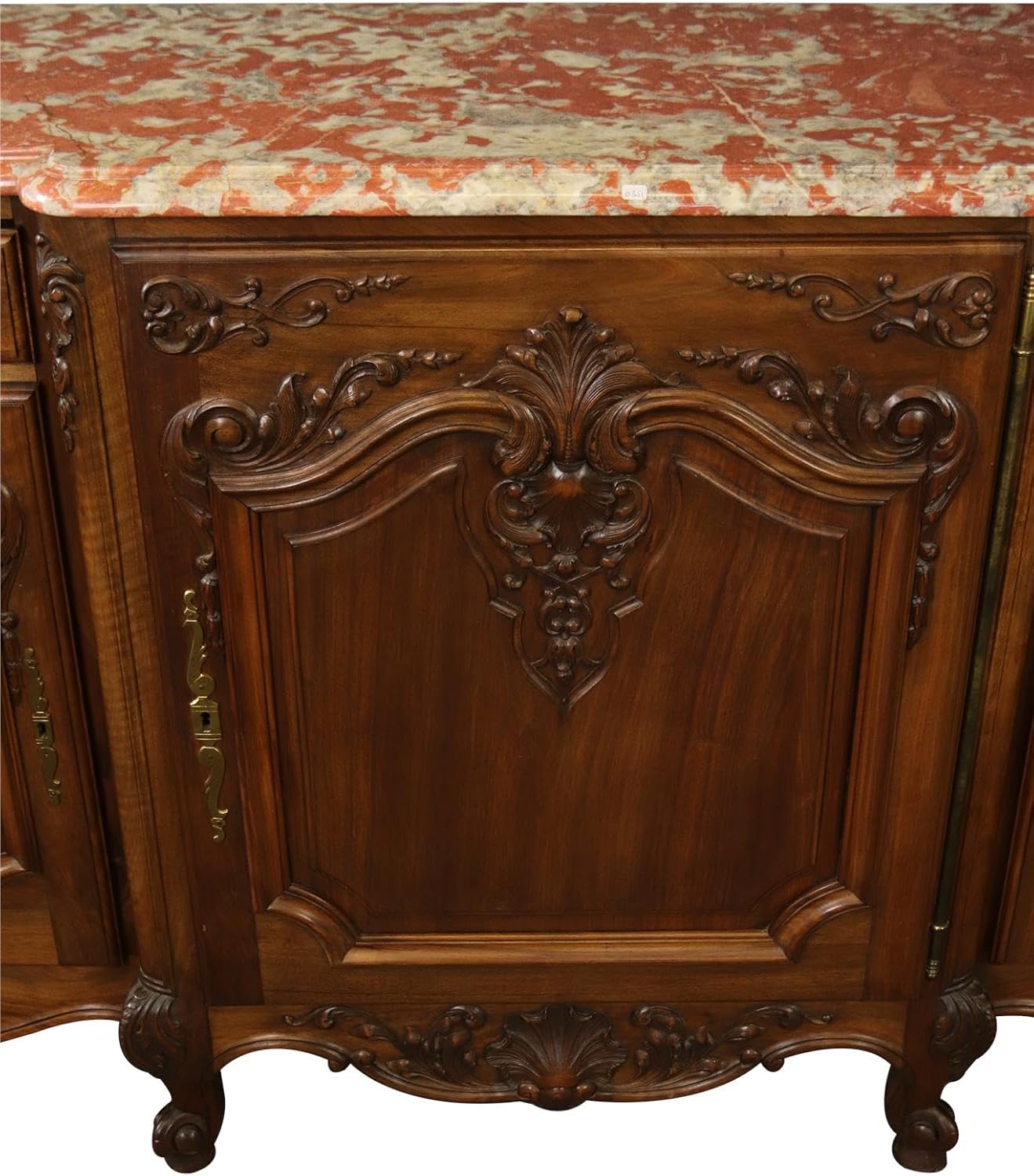 Sideboard Louis XV French Rococo 1920 Carved Walnut Shell, Red Pink Marble Top