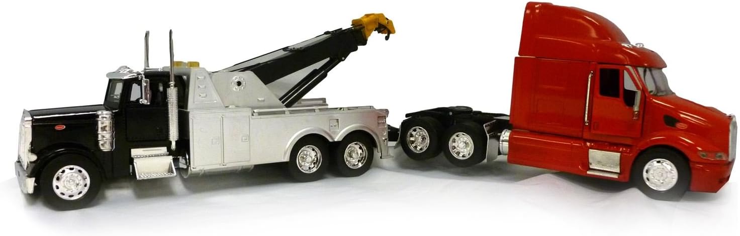Newray Peterbilt Black Tow Truck with Red Peterbilt Cab 1/32 Scale Pre-Built Diecast Model Set