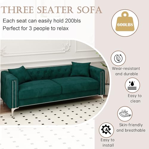 FANYE Velvet Upholstered 2 Pillows,Modern 3 Seaters Sofa Couch with Nailhead Decor and Metal Legs for Living Room, 83", Blue