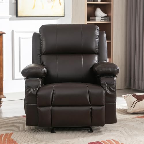 Leather Rocker Recliner Chair - Heated Recliner Chair with Massage Manual Recliner Chair Small Recliner Chairs for Adults Rocking Chair with Footrest Rocking Recliner Chair for Nursery (Brown)