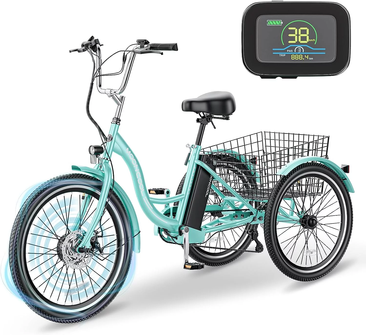 MOONCOOL 26" 7 Speed Electric Tricycle, 350W 36V 14.5Ah 350W 15MPH Lithium Battery UL Certified, 3 Wheel Electric Bicycle for Adults