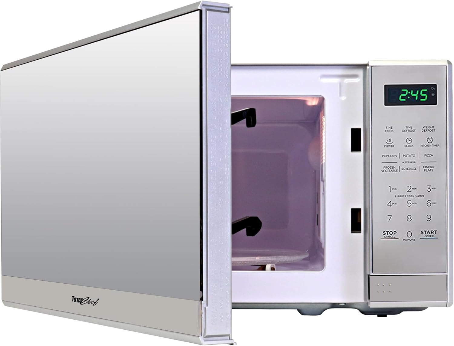 Total Chef Compact Countertop Microwave Oven, 700W, 0.7 Cubic Feet Capacity, Digital Touchscreen Controls, One-Touch Push-Button Opening, 6 Pre-Set Cooking Modes, Silver Stainless Steel