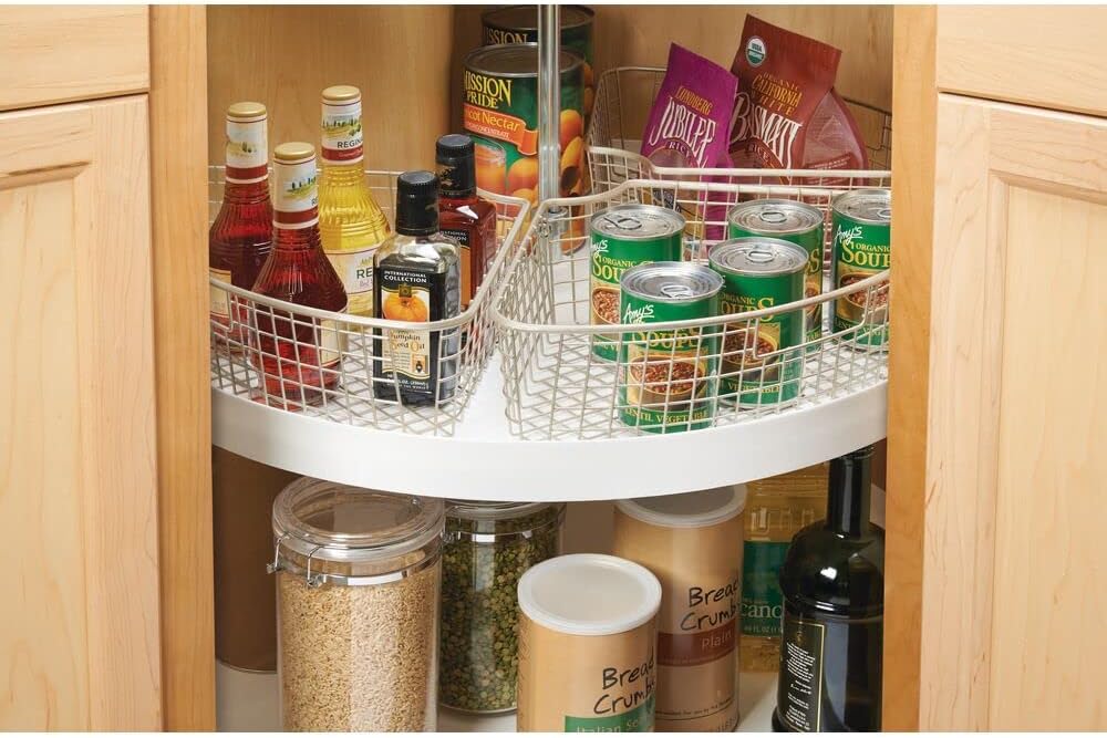 mDesign Farmhouse Metal Kitchen Cabinet Lazy Susan Storage Organizer Basket with Front Handle - Large Pie-Shaped 1/4 Wedge, 4.4" Deep Container - 4 Pack - Satin