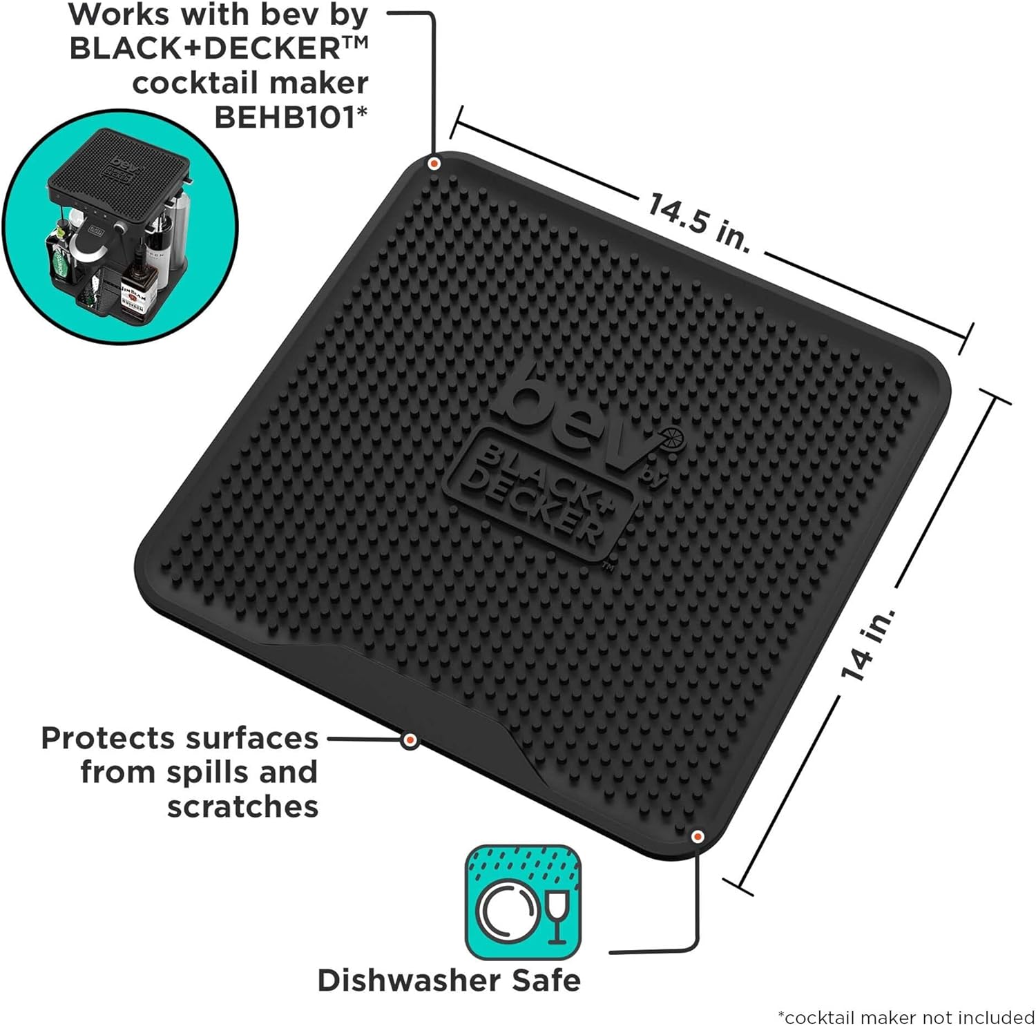bev by BLACK+DECKER Cocktail Maker Machine and Drink Maker for Bartesian capsules (BEHB101) & bev by Cocktail Maker Glass Bar Mat, Dishwasher Safe (BEBM120​)