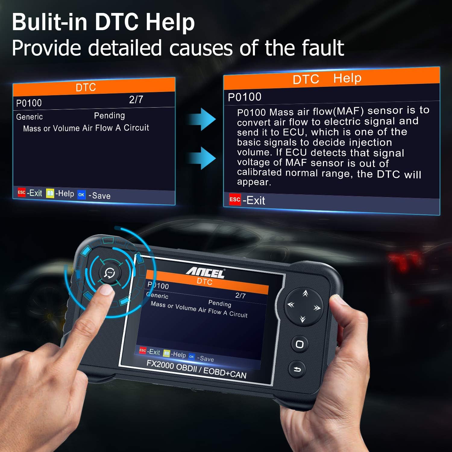 ANCEL FX2000 Automotive ABS OBD2 Scanner Engine SRS Transmission Scan Tool Vehicle Code Reader Check Engine Full OBDII Modes Diagnostic Scan Tool for Cars