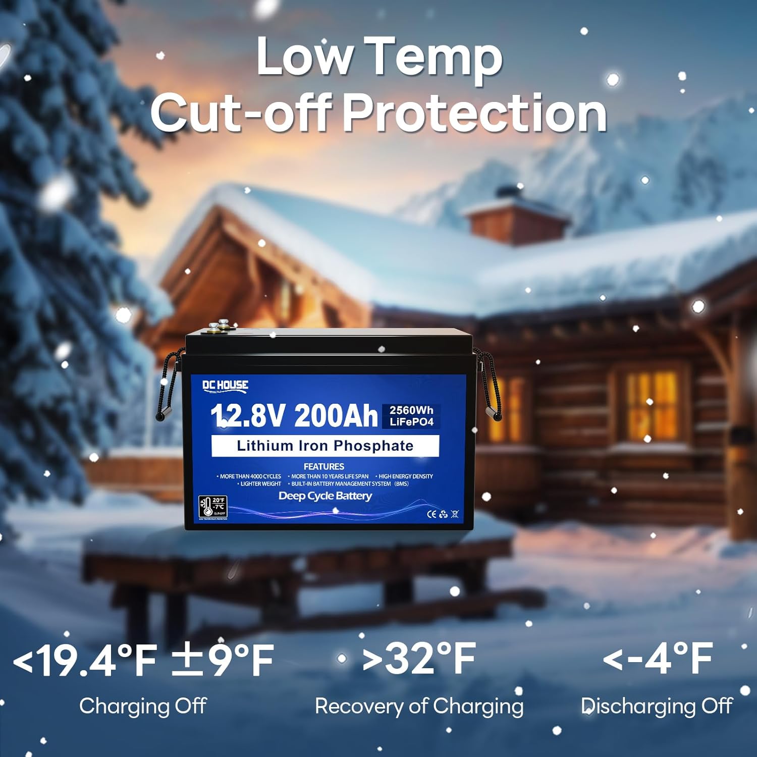 DC HOUSE 12V 200Ah Lithium LiFePO4 Deep Cycle Battery, Low Temp Cut Off, with 2560Wh Energy Max. Built-in 200A BMS for RV, Solar, Home Energy Storage, Marine Trolling Motor, Boat, Golf Carts