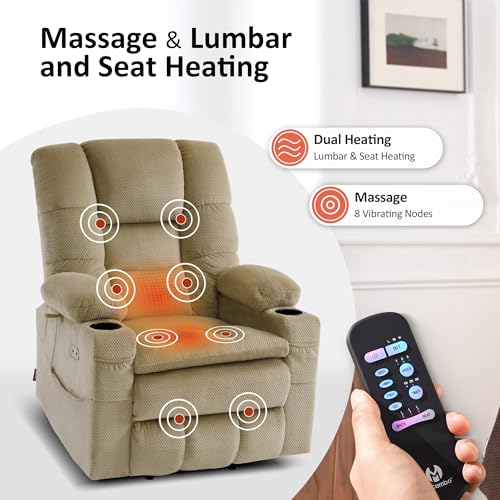 MCombo Large Triple Motor Power Lift Recliner Chair with Massage and Dual Heating, Adjustable Headrest for Tall Elderly People, Fabric 7634 (Grey, Large)