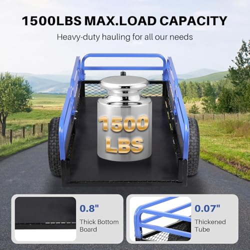 Heavy Duty Steel ATV Dump Trailer, 1500-Pound Load Capacity, Tow Behind Dump Cart Garden Trailer, with Removable Sides and 2 Tires, for Mowers, Tractors, ATV, UTV