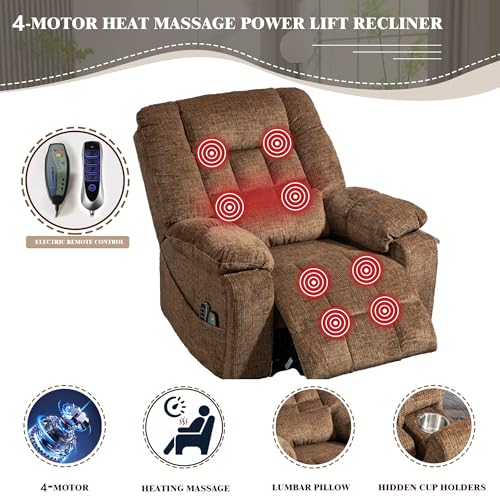 Light Grey Recliner Chair for Elderly | Tall and Big Man 400lbs | Chenille | Power Lift, Lay Flat, Stand Up, Wireless Charging Device, Extended Footrest, Massage Heat, Cup Holder, Lumbar Pillow