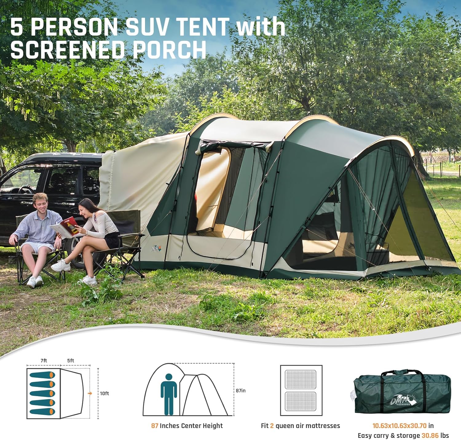 SUV Tent with Screen Porch, 5 Person SUV Tents for Camping, SUV Tailgate Tent for Outdoor, Easy Set Up Car Van Tent, Car Camping Tent Includes Movie Screen, 12'x10'x87in(H)