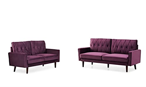 Modern Style Tufted Velvet Couch for Living Room with Soft Fabric Upholstery and Solid Wood Frame, 57.5'' Wide Loveseat, EGGPLANT