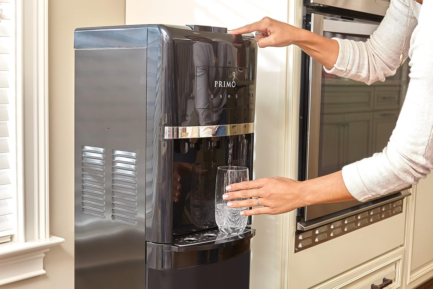 Primo Bottom Loading Self-Cleaning Water Dispenser, 3 Temp (Hot-Cool-Cold) Water Dispenser for 5 Gallon Bottle w/Child-Resistant Safety Feature, Black with Black Stainless Door