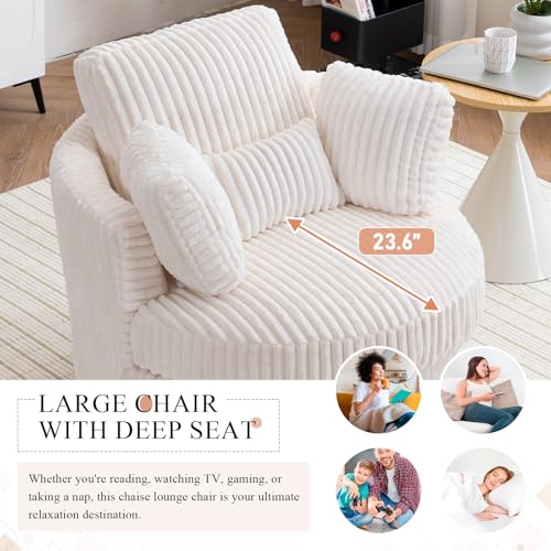 Chair and A Half with Ottoman, 360° Swivel Accent Barrel Chair Modern Comfy Round Reading Sofa Swivel Chairs Circle Lounge Chair for Bedroom Living Room w/4 Pillow Lower Seating Heigh (White, Large)