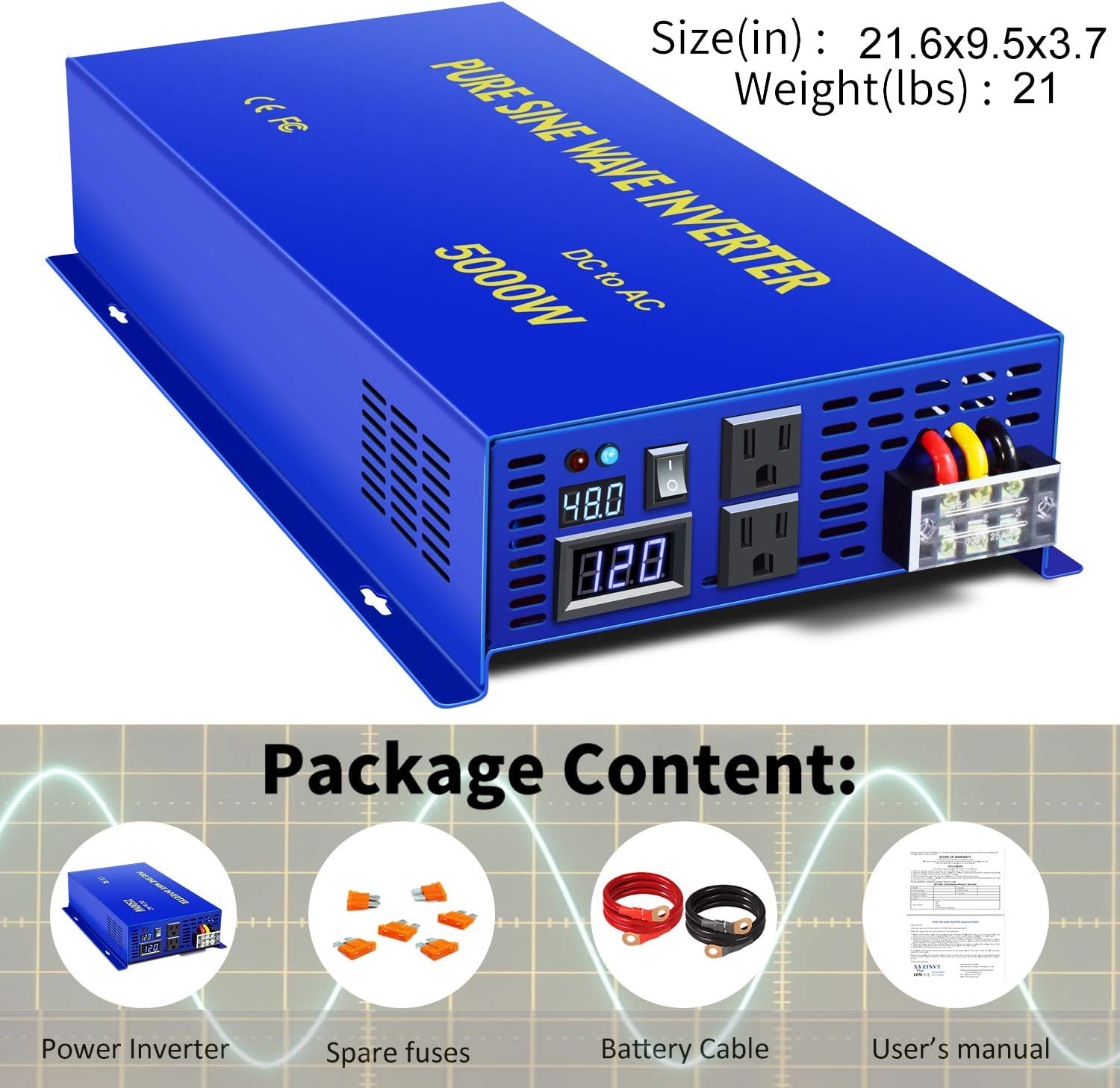 XYZ INVT Pure Sine Wave Inverter 4000 watt Power Inverter 48V to 110v 120V Surge 8000W Power Inverter for Truck RV Car Solar System. (4000W 48V)
