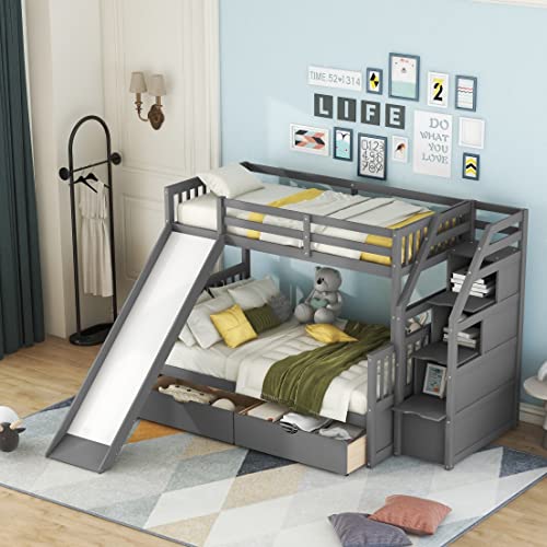 Harper & Bright Designs Twin Over Full Bunk Bed with Slides, Wood Bunk Bed with Stairway and Storage, Low Bunk Bed with Drawers and Safety fence, for Kids and Teenagers (No Box Spring Needed, White)