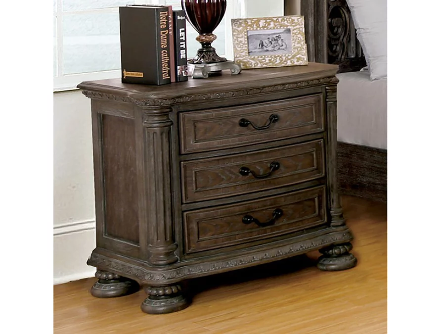Luxury Stylish Traditional Intricate Wood Carving Rustric Natural Tone Finish Queen Size Sleigh Bed Dresser Mirror Nightstand 4pc Set Tufted Fabric HB FB