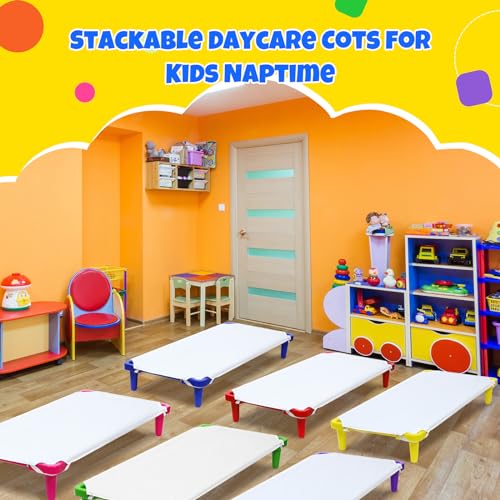 16 Pcs Daycare Cots with Sheets Set for Kids 52" L x 23" W Stackable Toddler Nap Cots and Daycare Sheets for Classroom Preschool Nursery(Orange, Purple, Rose Red, Beige)