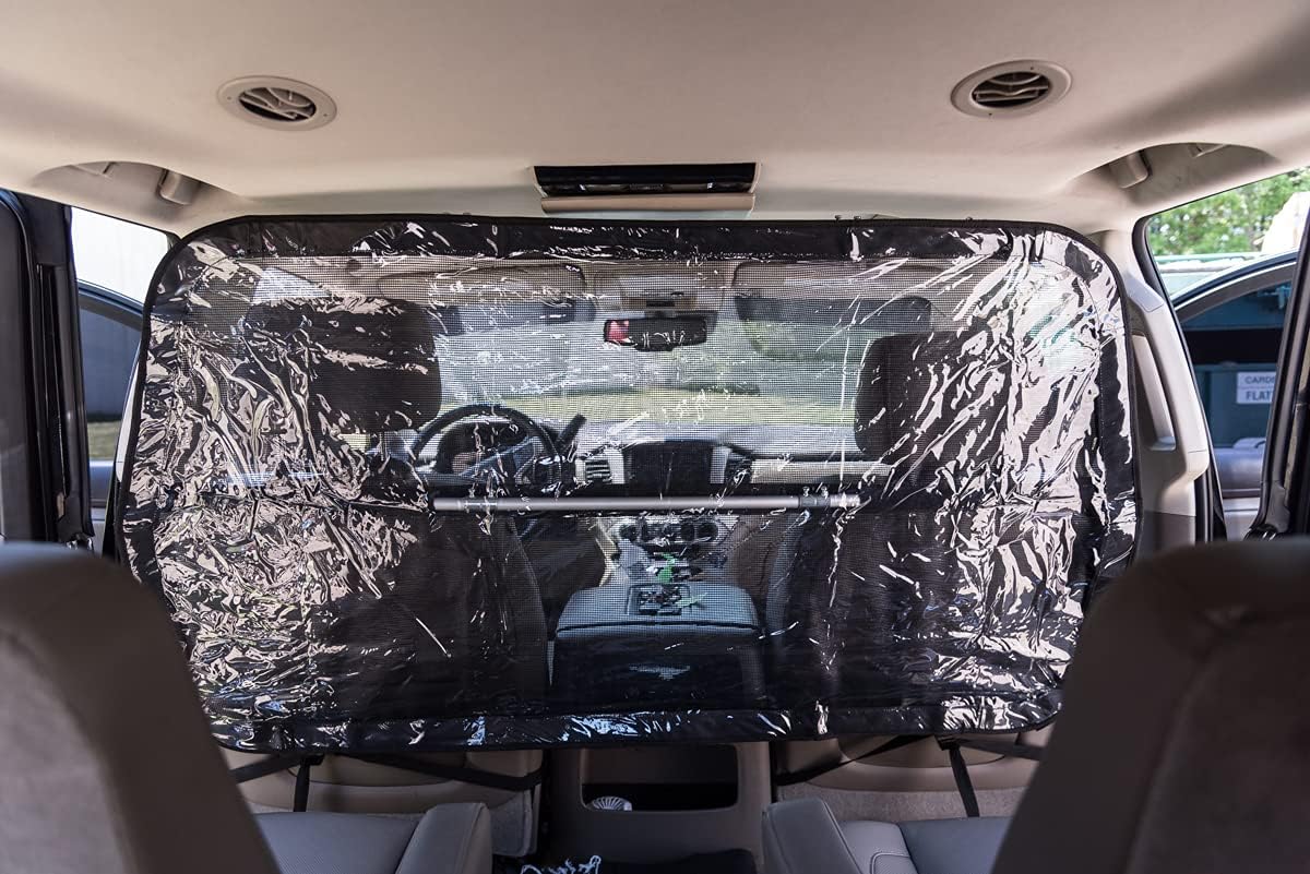 MULTI-USE VINYL PLASTIC OR MESH CAR DIVIDER, USE AS A SNEEZE GUARD PET BARRIER FOR DRIVER PROTECTION, PERFECT PROTECTION PARTITION DIVIDER DIVIDES FRONT SEAT and BACK SEAT, Black, Clear, Small Pack of 2