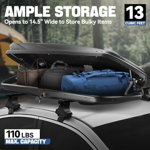 Auto Dynasty Hard Shell Roof Top Mount Car Storage Travel Luggage Box Cargo Carrier, 53 (L) x 34 (W) x 15 (H) Inches, Capacity 110 Pounds, 11 Cubic Feet (Tool-Free Install), Glossy Black Finish