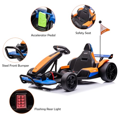 24V Electric Go Kart for Kids, 400W Powerful Motor Drift Racing Go Kart, Licensed McLaren Electric Go Kart with Drift Race Pedal, 2 Speeds Drift Kart with Damping System, Music, Racing Flag, Seat Belt