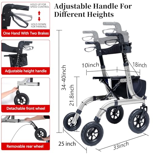 Rollator Walker for Seniors, Lightweight Foldable All Terrain Rolling Walker with seat, Aluminum Walkers with 10 inch Rubber Wheels, Handles and Backrest for Seniors and Adult
