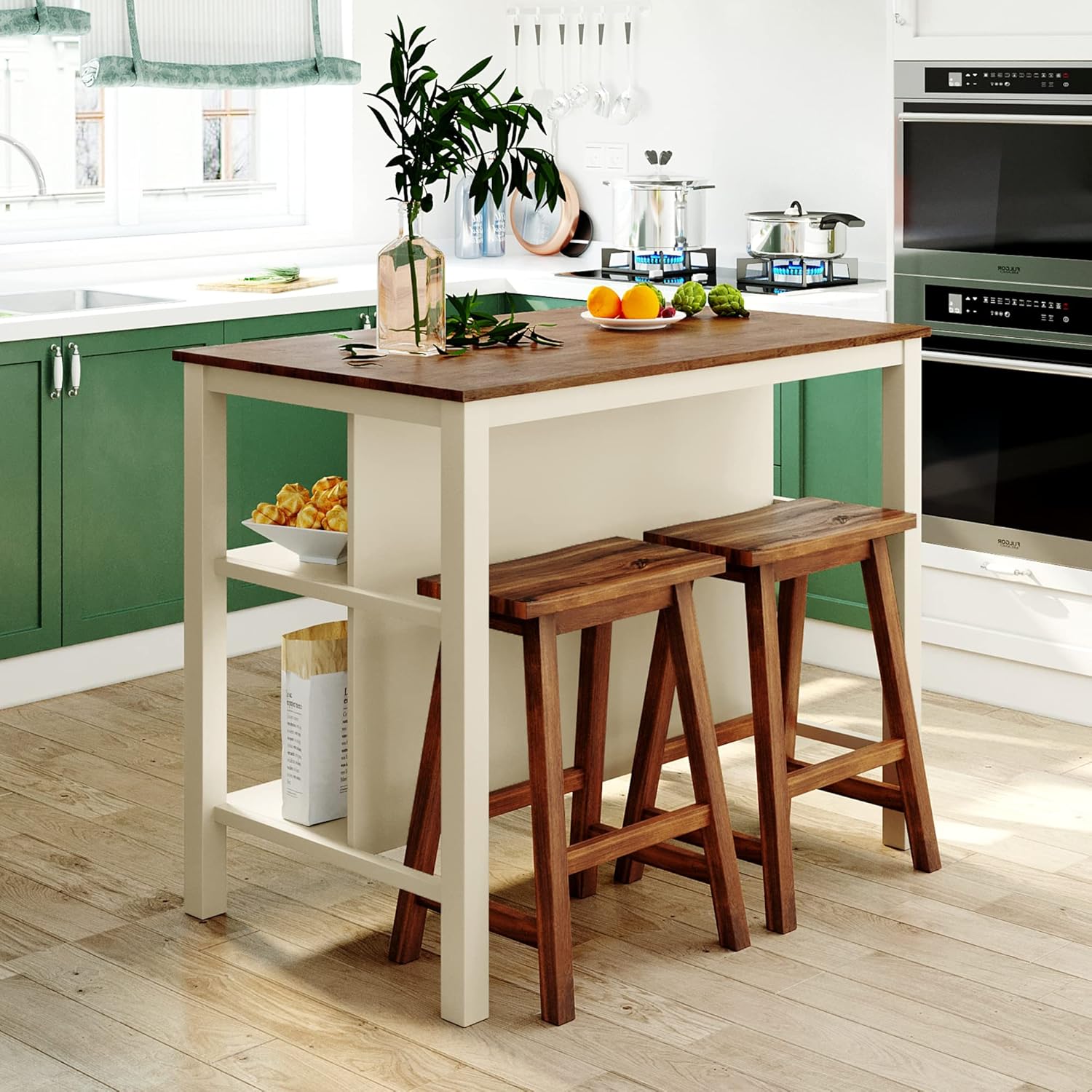 Voohek Kitchen Island Set with 2 Stools Seating, Solid Wood Rubber Butcher Block Dining Prep Table Open Shelves for Small Places, Rustic Stationary