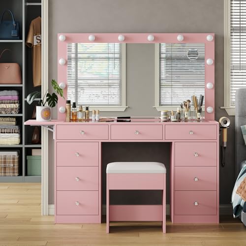 Vanity Desk with Power Outlet, 9 Drawers Makeup Vanity with Mirror and 12 LED Lights, 3 Lighting Modes, Glass Top Vanity Set, Fold-up Panel, Dressing Table for Bedroom