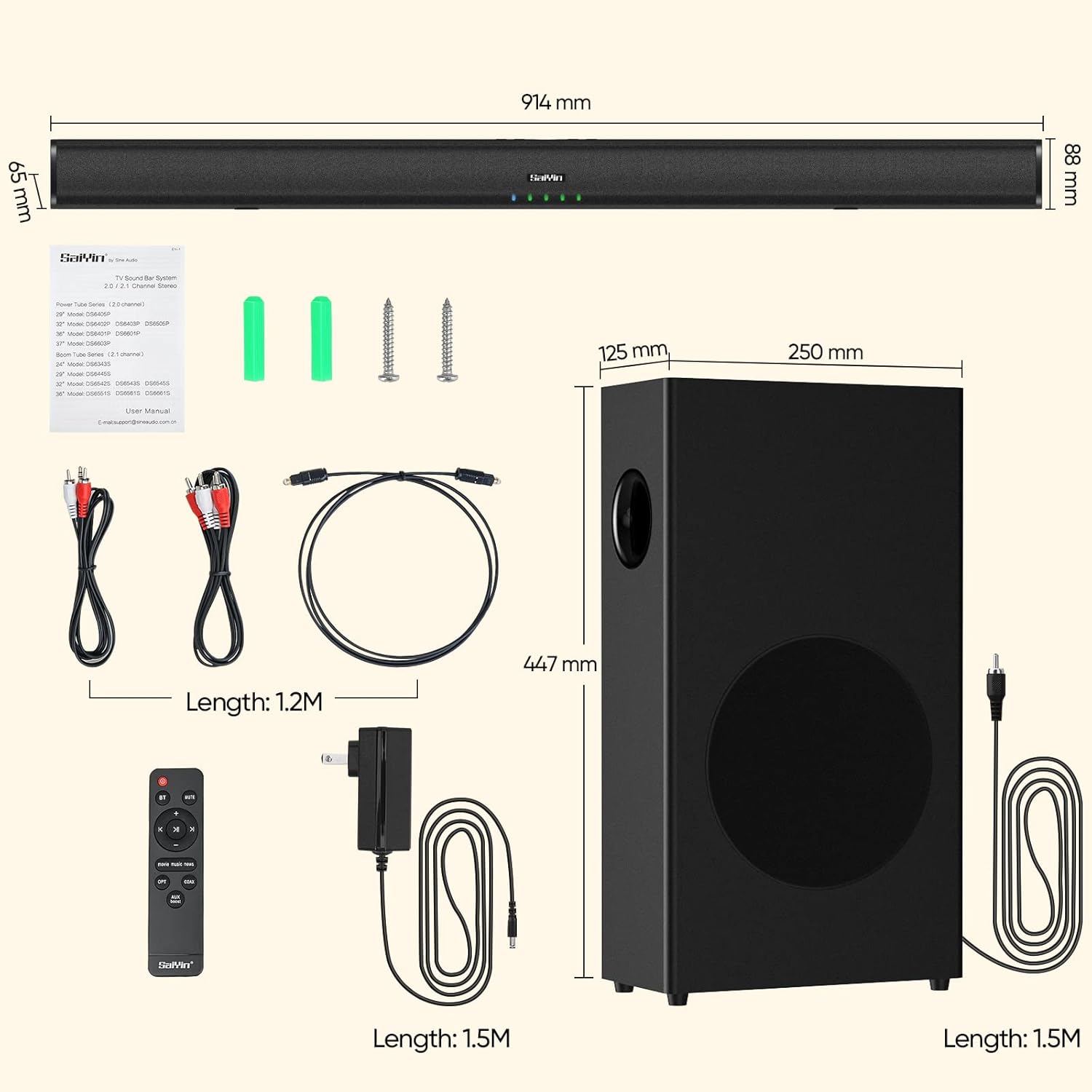 Saiyin Sound Bars for TV with Subwoofer, 100W 2.1 CH Surround Sound System, DSP Home Theater Audio, Bluetooth 5.0/Optical/RCA Connectivity