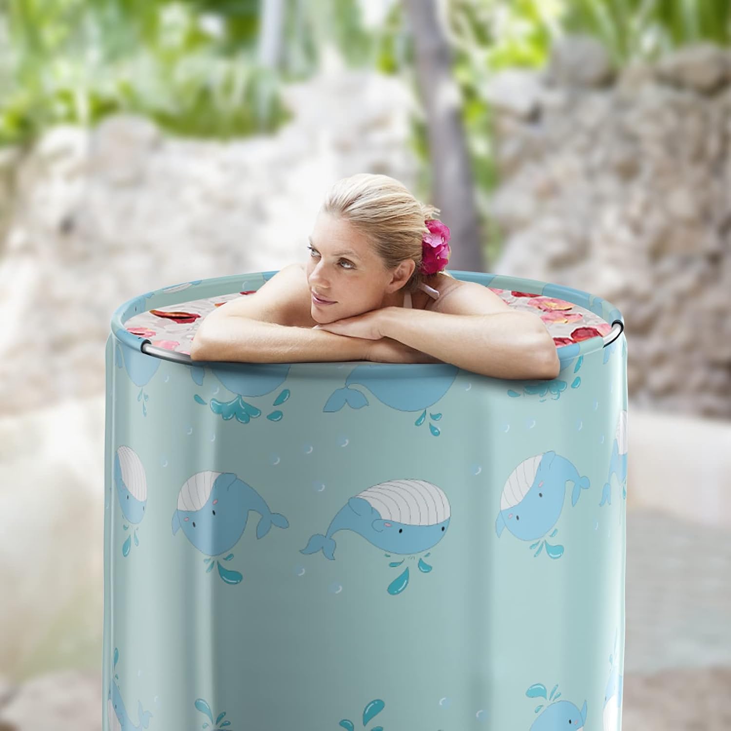 Portable Bathtub for adults, DAILYLIFE Japanese Soaking Bath Tub for Shower Stall, Foldable Bathtub with Thermal Foam, Freestanding, Folding & Soaking Spa Bath Tub with Pillow for Small Space(Dolphin)