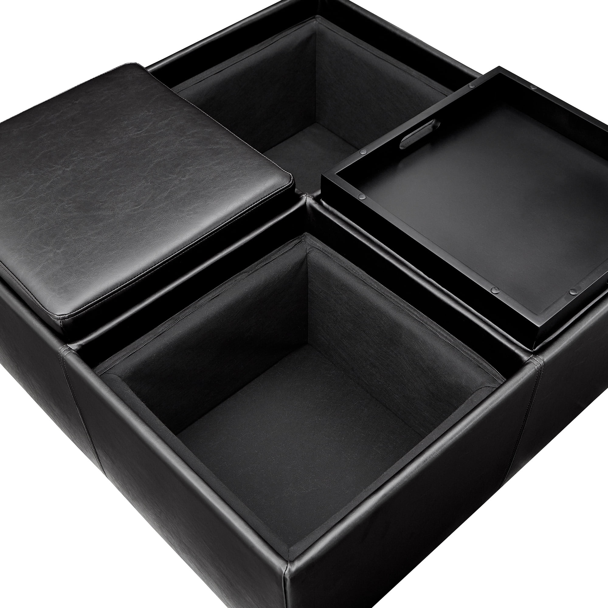 Cocktail Storage Ottoman with 4 Trays, Dark Brown Faux Leather