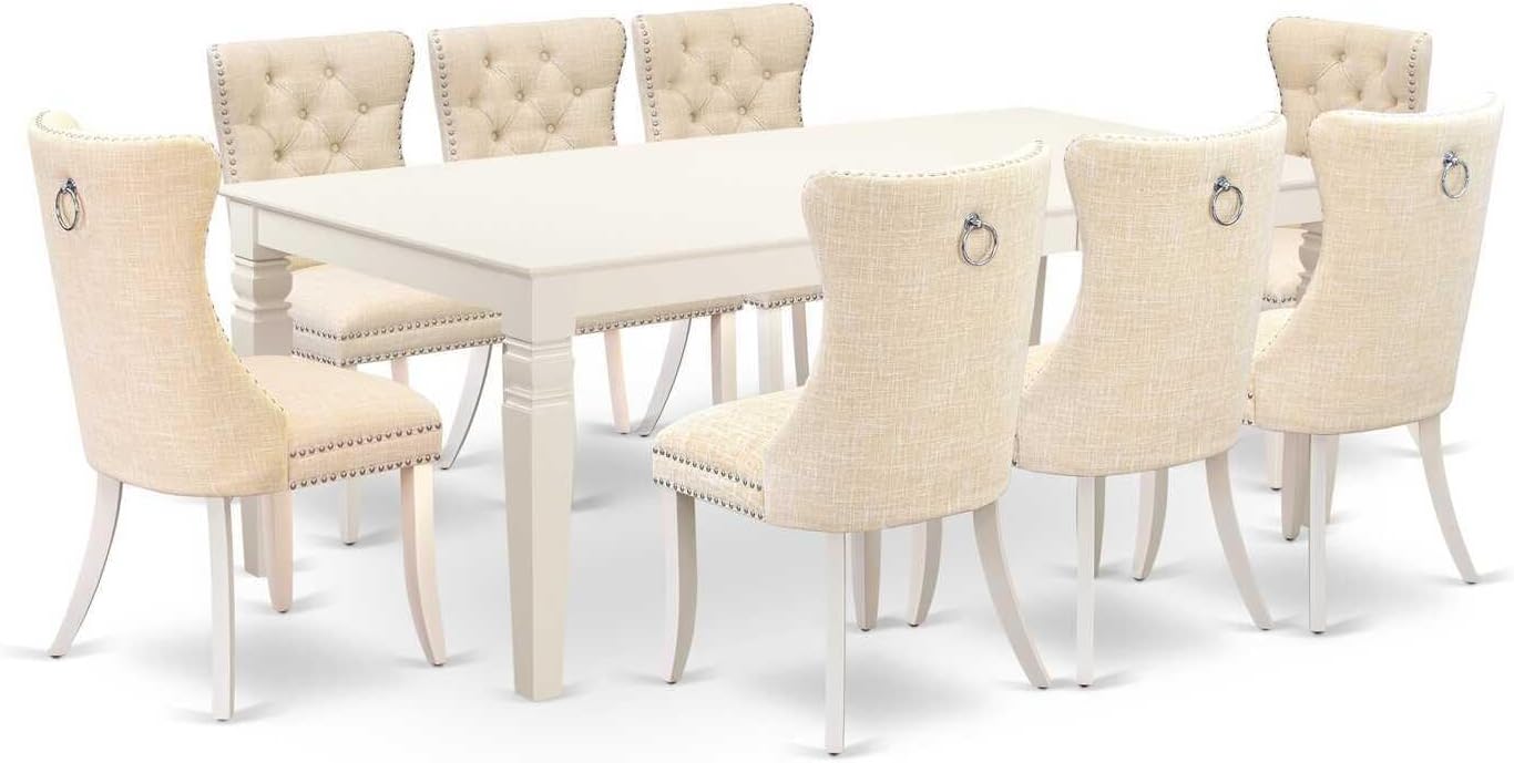 9 Piece Dining Set Includes A Rectangle Kitchen Table with Mediterranean Magic Leaf and 8 Padded Chairs, Linen White