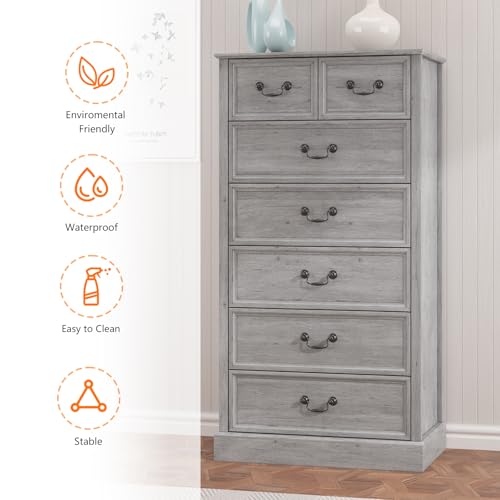 Farmhouse 7 Drawers Dresser for Bedroom, Wood Dresser Chest of Drawers Organizer Storage, Rustic Tall Dresser Chest of Drawer for Living Room, Closet, Hallway Children's Room