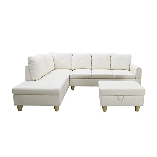 Sofa 3 Piece Left Facing Linen, L Shaped Sectional Couch with Chaise Ottoman,PU 6 Seat Sofa&Couch for Living Room, Red