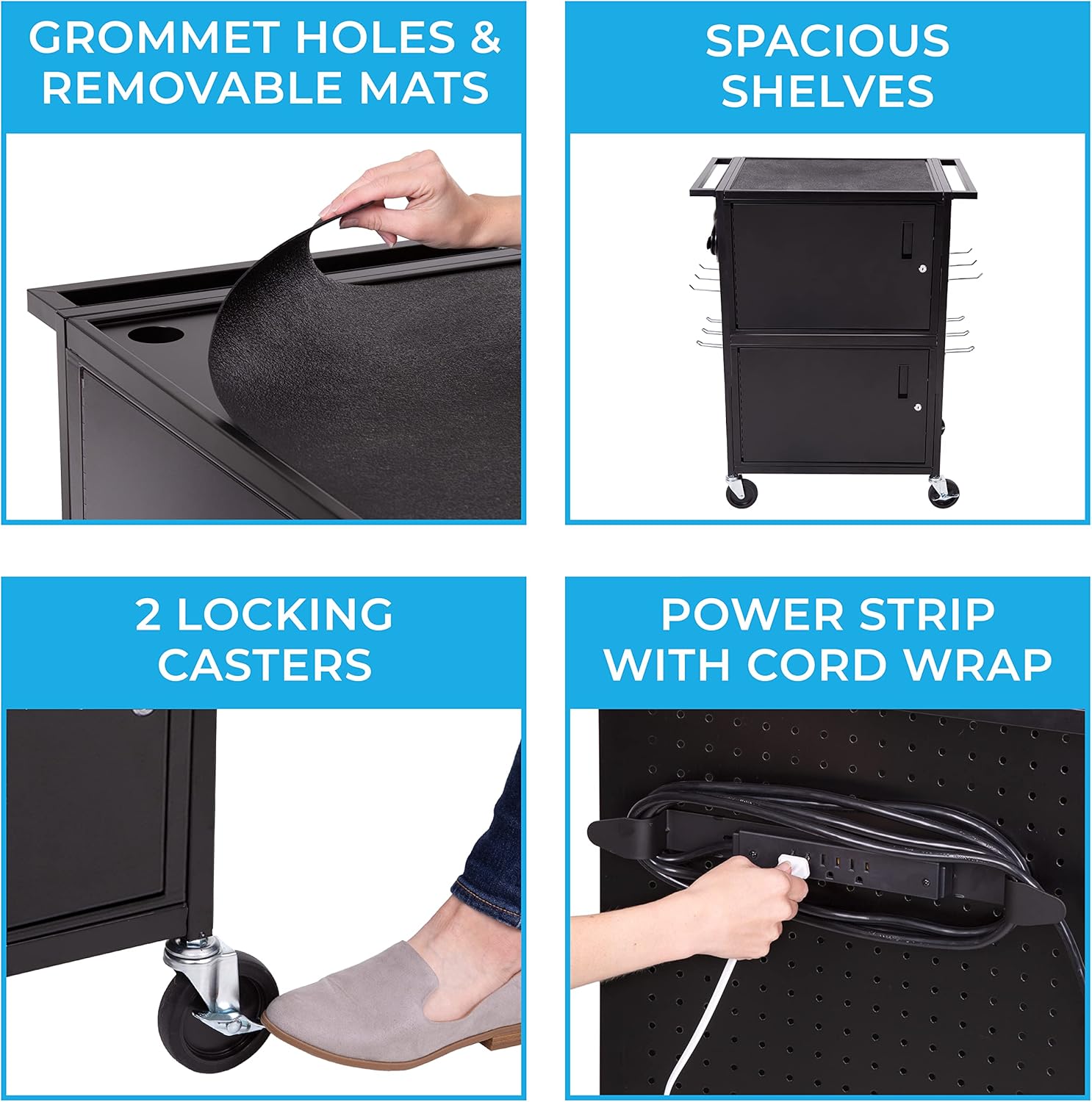Line Leader Stellar AV Cart | Computer Cart with Pegboard Siding & 12 Hooks for Customizable Storage | Locking Cabinet & Pullout Keyboard Tray | UL Safety Certified Power Outlets | Locking Wheels