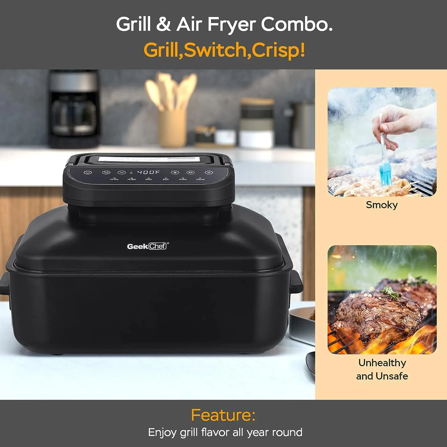 Geek Chef Electric Smokeless Indoor Grill, 7-in-1 Electric Indoor Nonstick Grill, Portable BBQ Grill with Temperature Control, Non-Stick, Dishwasher Safe, 1500W, Black