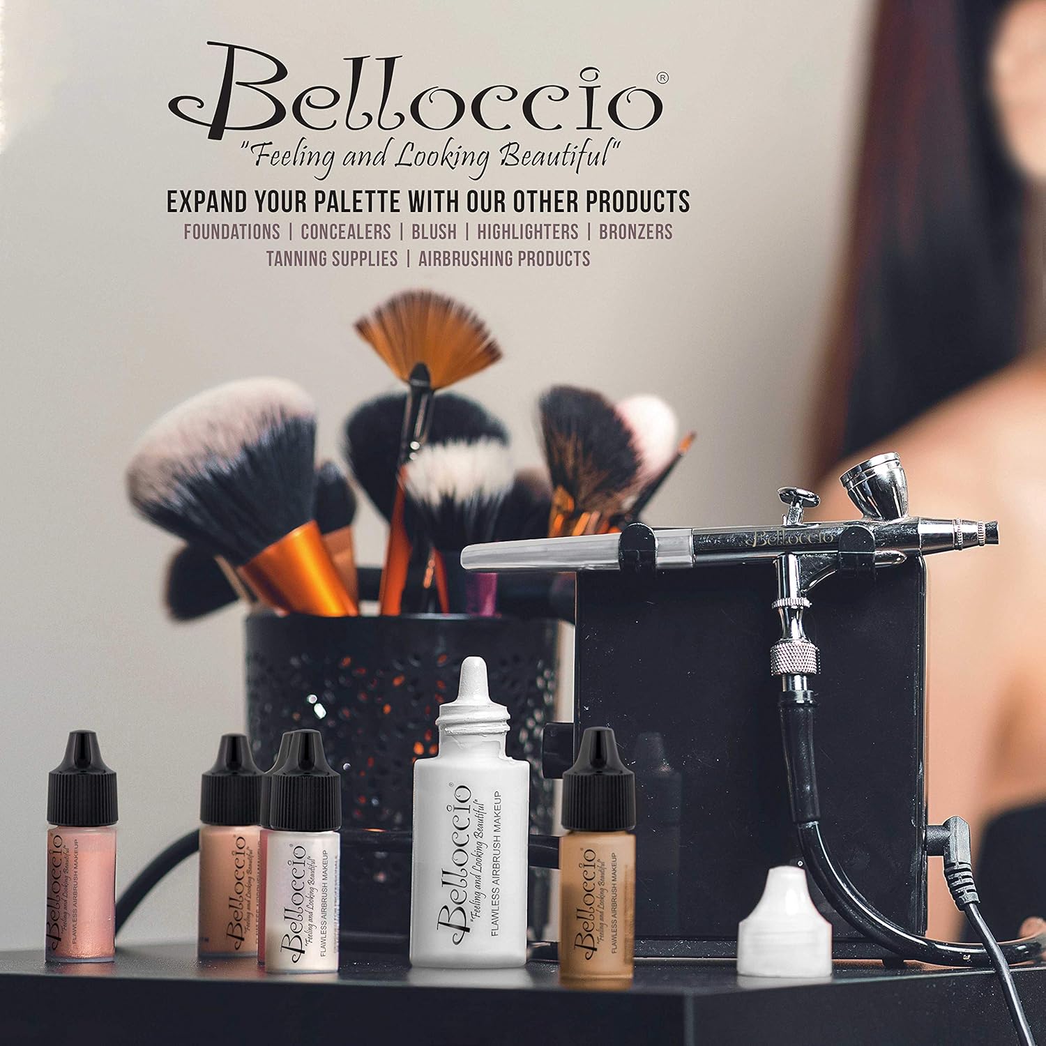 Belloccio Professional Beauty Deluxe Airbrush Cosmetic Makeup System with 4 Fair Shades of Foundation in 1/2 oz Bottles - Kit includes Blush, Bronzer and Highlighters