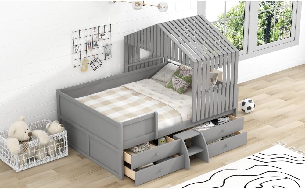 Full Size House Low Loft Bed with Four Drawers,Gray 2-Numbers of Package Pine+MDF 350Lb 10pcs 77.8" L*57.6" W*60" H Wood GX001806AAE-1