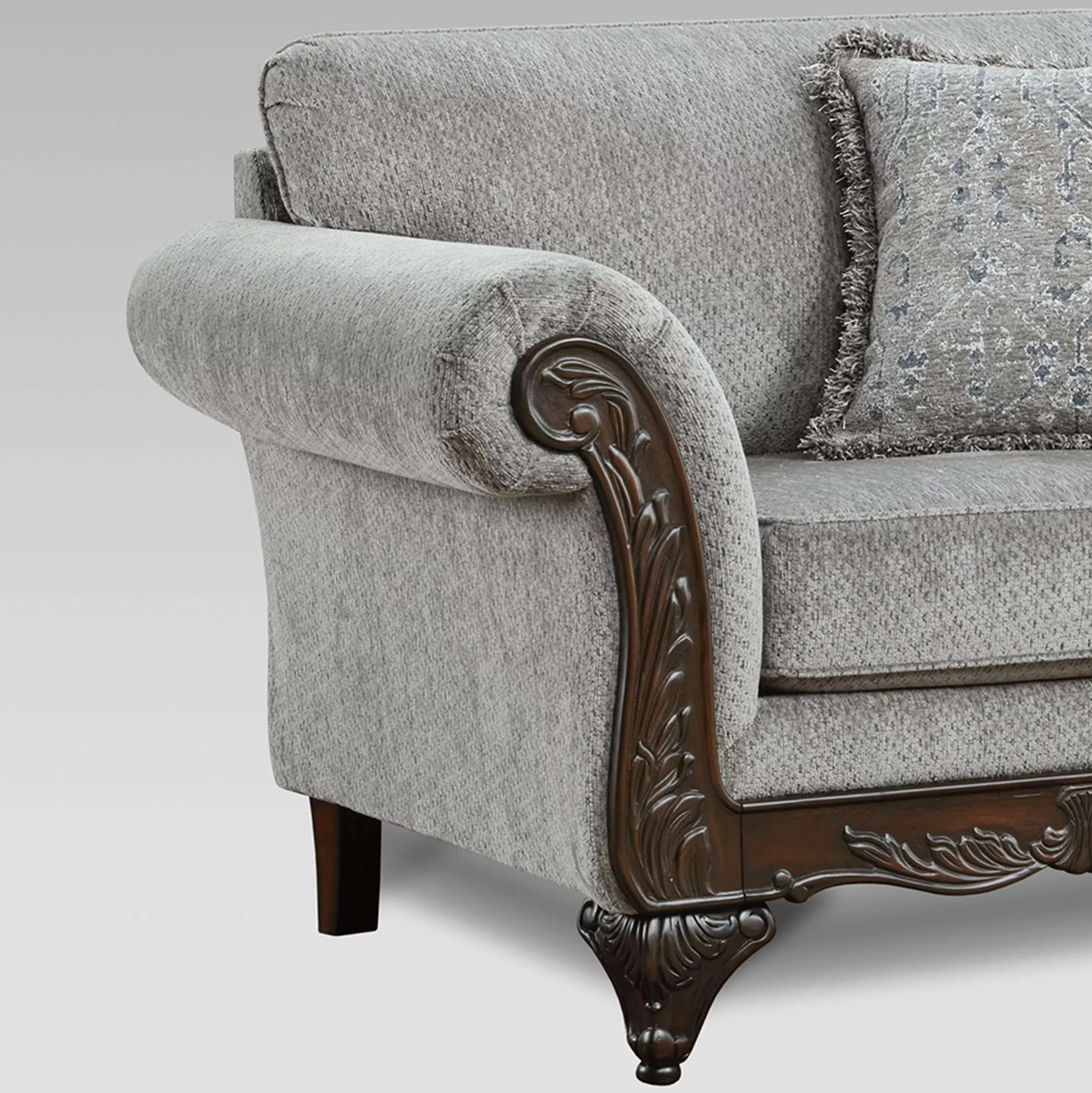 Roundhill Furniture Hernen Carved Wood Frame Polyester Sofa and Loveseat Set, Gray