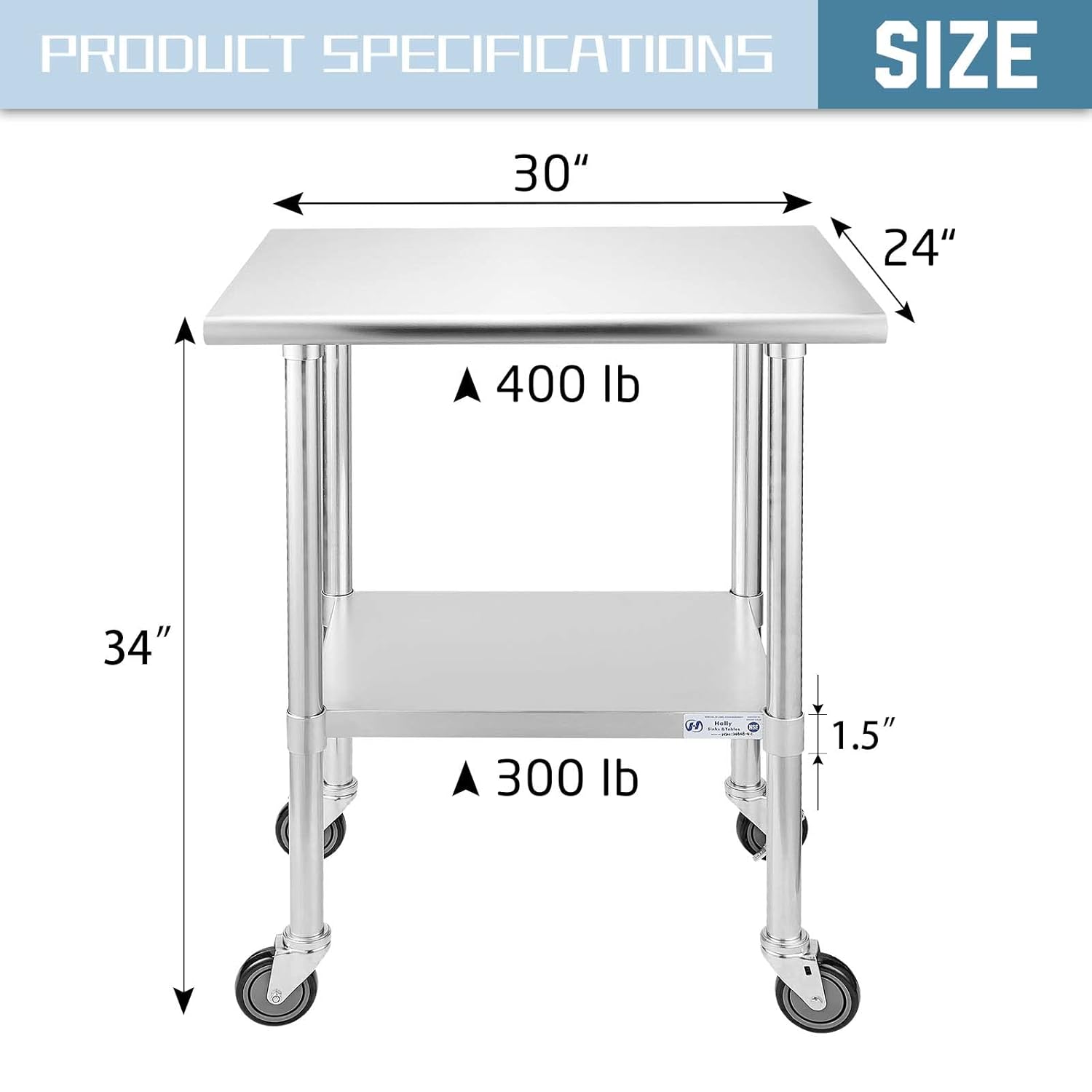 Hally Stainless Steel Table for Prep & Work 24 x 36 Inches with Caster Wheels, NSF Commercial Heavy Duty Table with Undershelf and Galvanized Legs for Restaurant, Home and Hotel