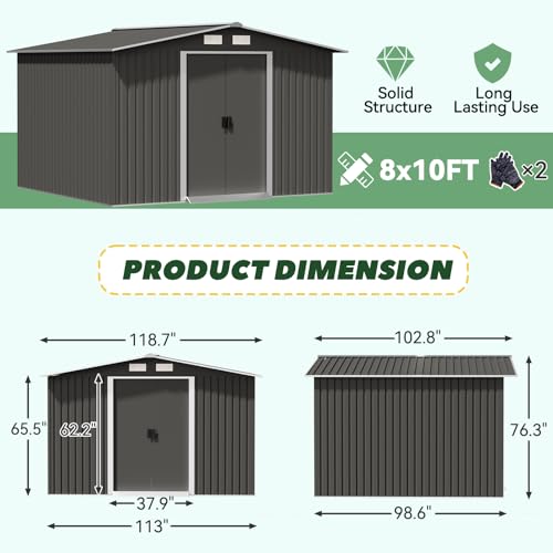 10' x 10' Outdoor Storage Shed, Garden Tool Shed with Double Sliding Door and Sloping Roof, Metal Shed House for Backyard Patio Lawn to Store Utility and Tools, Gray