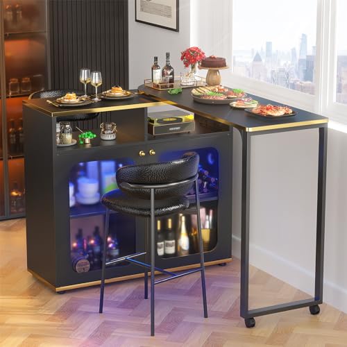 Cyclysio 59" Dining Table with LED Light, 360° Rotating Kitchen Table with Charging Station, Bar Table with Double-sided Storage, Foldable Island Table for Small Space, White Oak