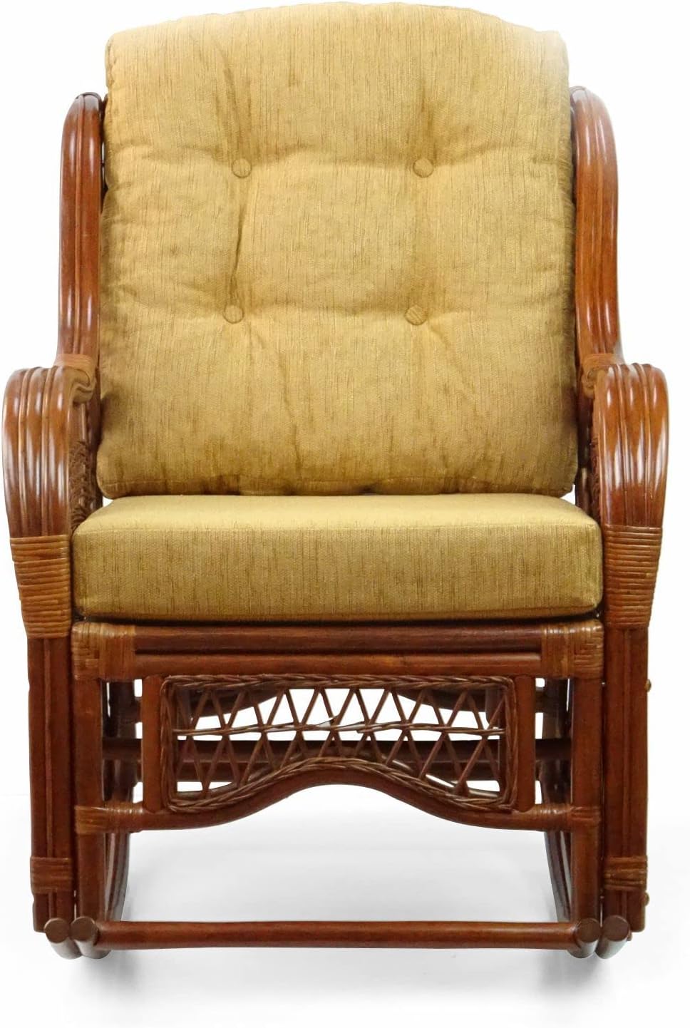 Wickerix Malibu Handmade Natural Rattan Living Room Set of 2 Rocking Lounge Chairs with Light Brown Cushions and Round Coffee Table with glass Colonial (Light Brown Color)