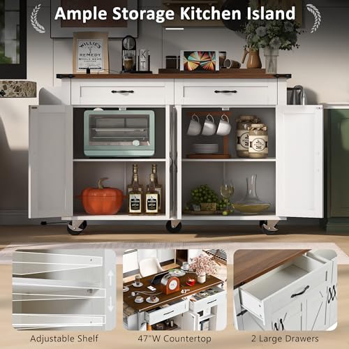 Kitchen Island with Storage, Rolling Kitchen Island Cart On Wheels with Power Outlet & Drop Leaf Countertop, Mobile Island Table for Kitchen with 2 Drawers 2 Cabinet, Spice Rack, Towel Rack, Black