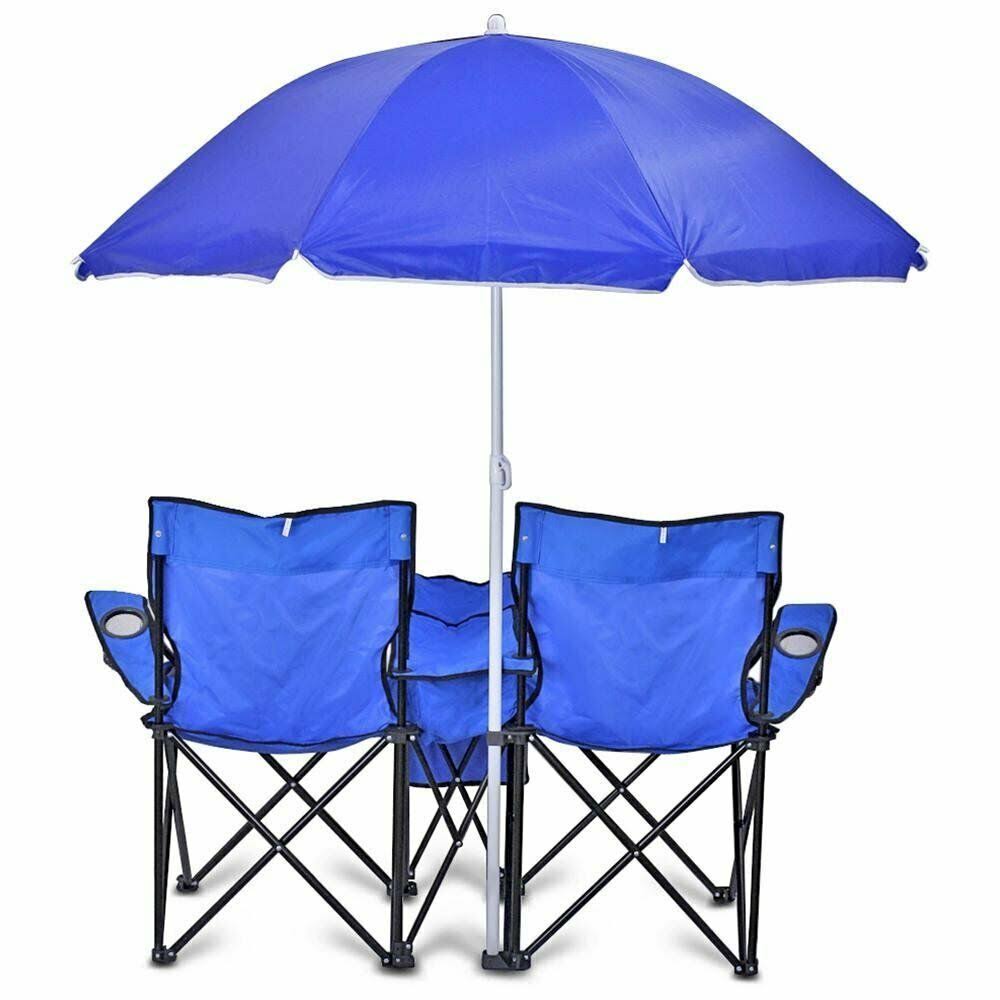 GoTEAM Portable Double Folding Chair w/Removable Umbrella, Cooler Bag and Carry Case (Blue)