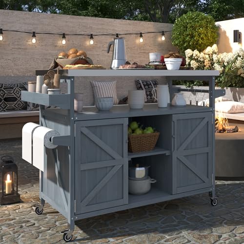 Outdoor Kitchen Island,Rolling Bar Cart & Storage Cabinet,Solid Wood Grill Table with Stainless Steel Top and Internal Storage Racks,for Patio Kitchen & Barbecue (Natural@Grill Table)
