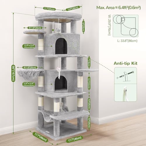 Globlazer Corner Cat Tree for Large Cats, 66inch Tall Curved Series Large Cat Tower for Multiple Indoor Cats with 6 Scratching Posts, 2 Spacious Cat Condos, Hammock, Hanging Basket, C66, Beige