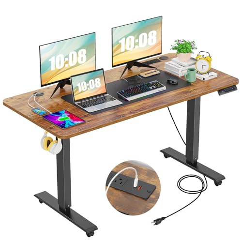 farexon Electric Standing Desk 55 x 24In with Charging Station, Stand up Desk with Oversized Mouse Pad, 2 USB Ports & 3 Power Outlets, 4 Caster, 4 Preset Heights Easy to Set（Brown）