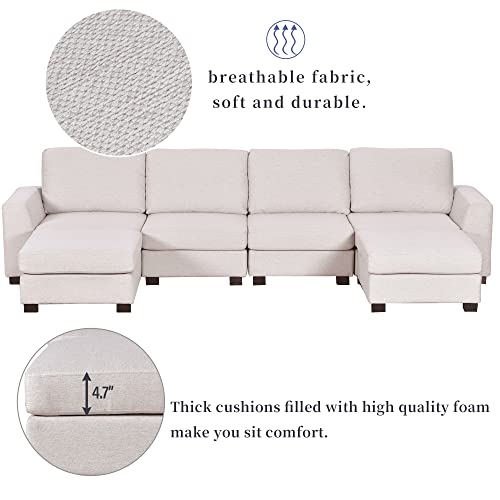RWRAPS Modern Linen Sectional Sofa Set Convertible Corner Couch w/Removable Ottomans Chaise &Padded Seat/Cushions for Reception Room,Free Combination Living Room Set w/Wide Armrest&Wood Legs for Home