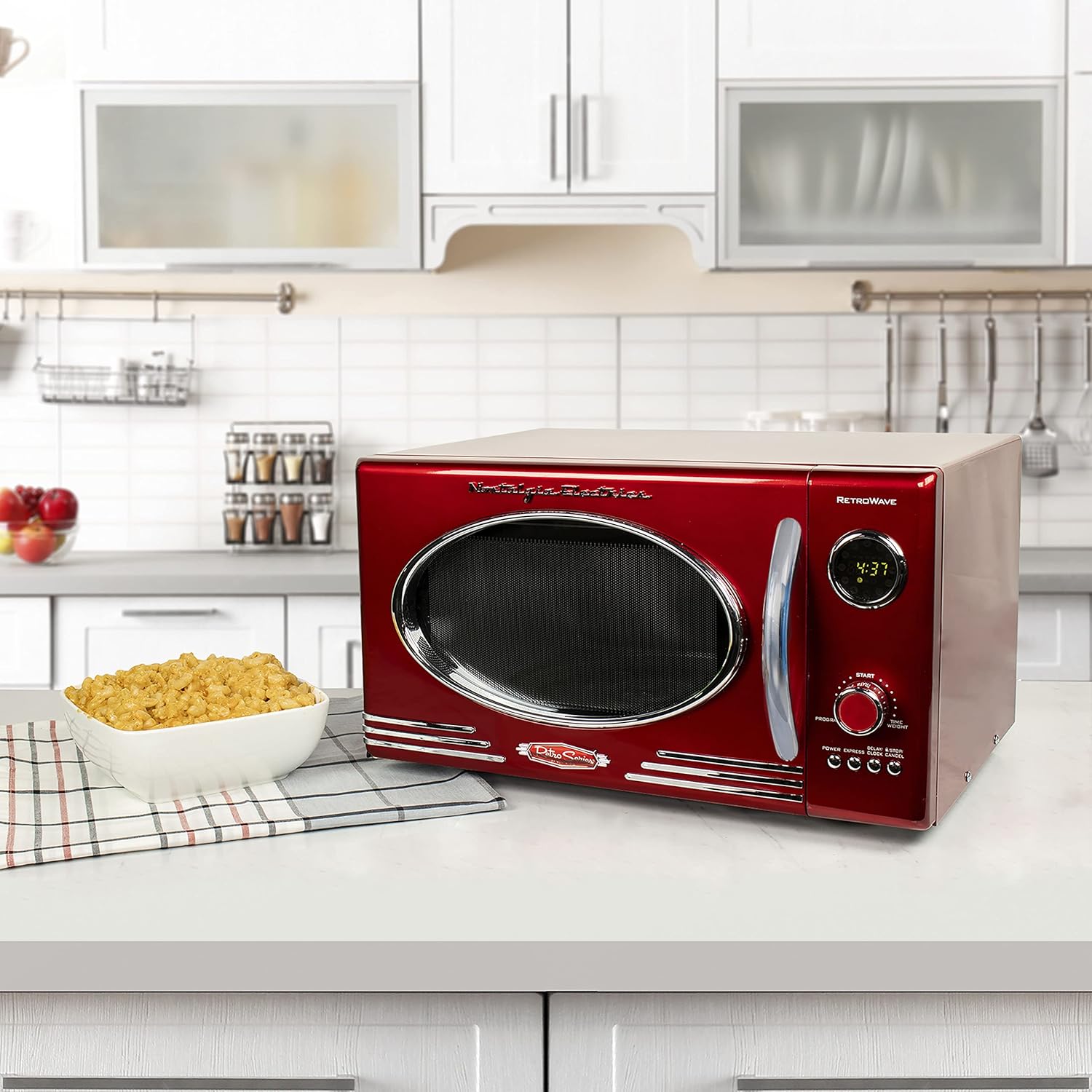 Nostalgia Retro Countertop Microwave Oven, 0.9 Cu. Ft. 800-Watts with LED Digital Display, Child Lock, Easy Clean Interior, Red & WK17RR Retro Stainless Steel Electric Water Kettle, 1.7 L, retro red