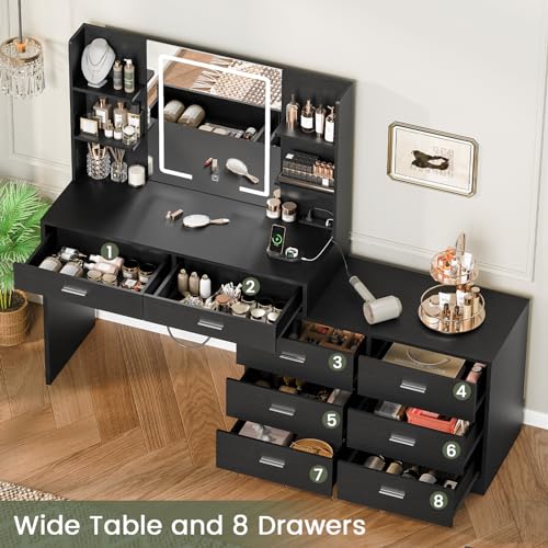 Quimoo 65.9" Vanity Desk with LED Lighted Mirror & Power Outlet, Modern Corner Makeup Vanity Table with 8 Drawers & Open Shelves, Dressing Table for Bedroom, Makeup Room